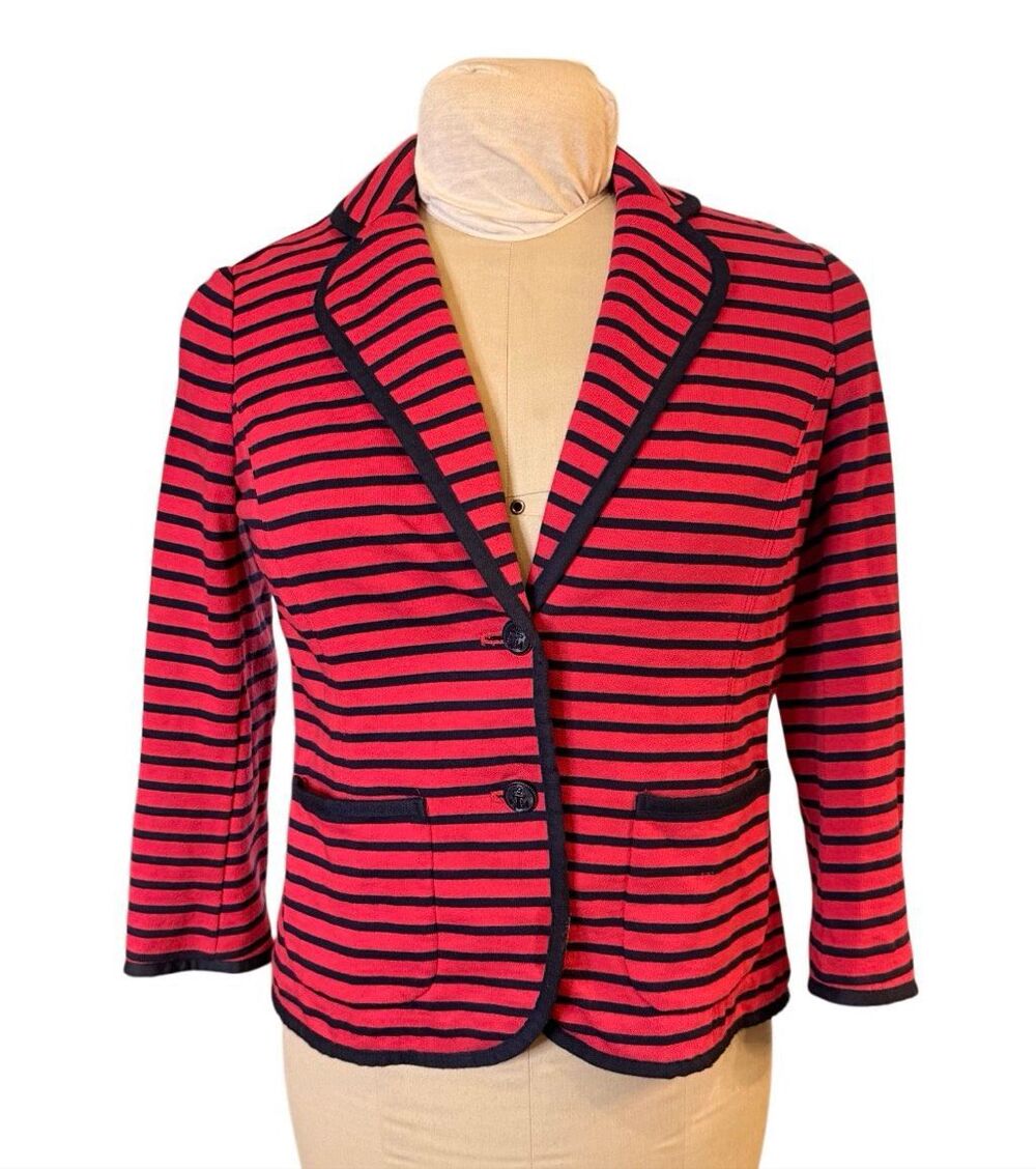 Talbots Navy Red Striped Blazer Jacket Small Nautical Red & Navy Knit 2-Button F